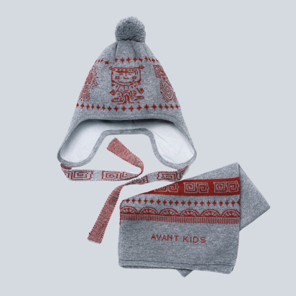 Aztec pattern wool blend hat for kids - close-up texture | Avant Cashmere