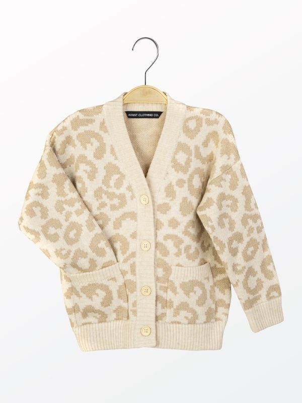 Leopard pattern wool blend cardigan for kids - flat lay | Avant Cashmere