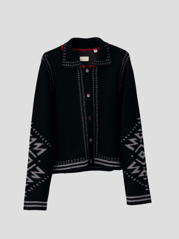 Aztec pattern wool blend cardigan for women - side view | Avant Cashmere