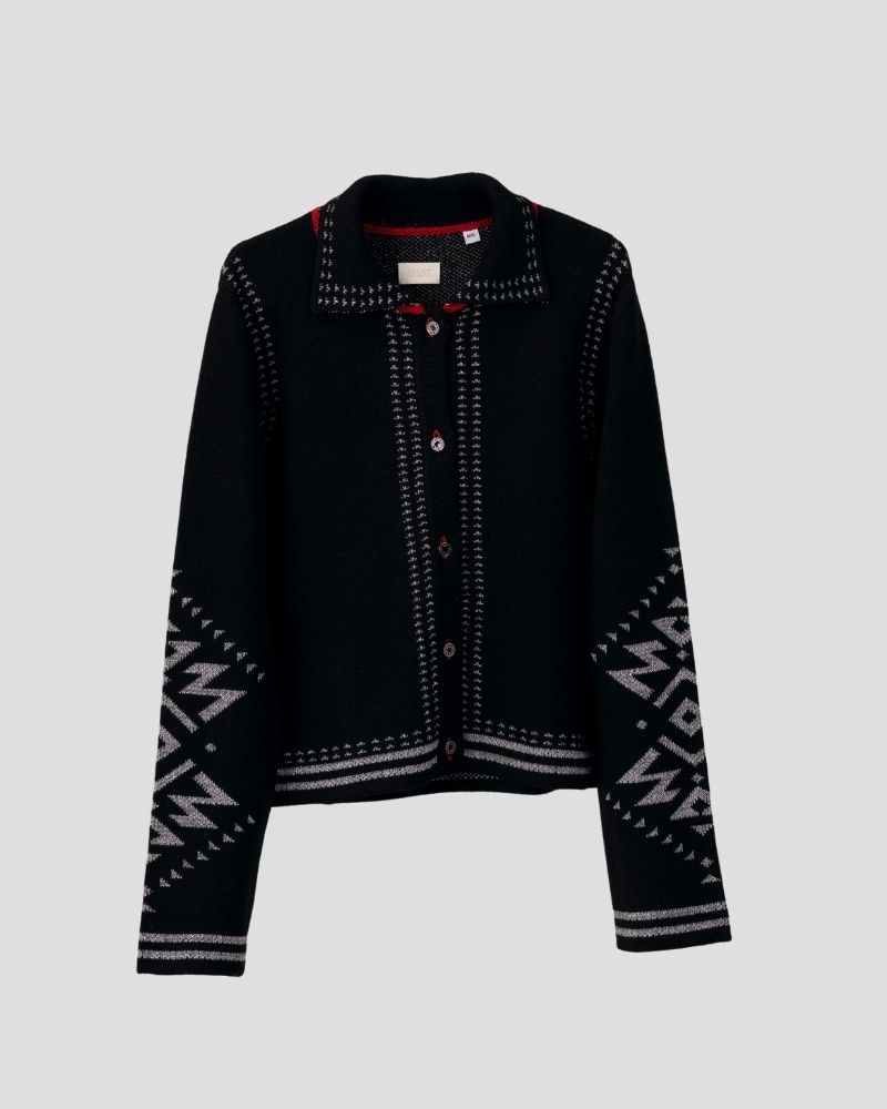 Aztec pattern wool blend cardigan for women - side view | Avant Cashmere