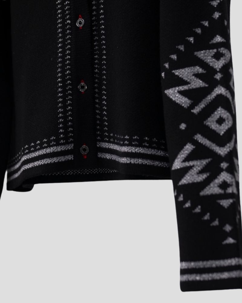 Aztec pattern wool blend cardigan for women - styled look | Avant Cashmere