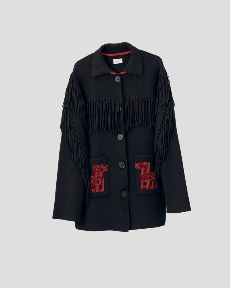 wool-fringed-jacket-back-avant-cashmere Aztec pattern wool blend jacket for women - back view | Avant Cashmere