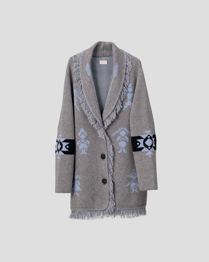 Aztec pattern wool blend jacket for women - close-up texture | Avant Cashmere