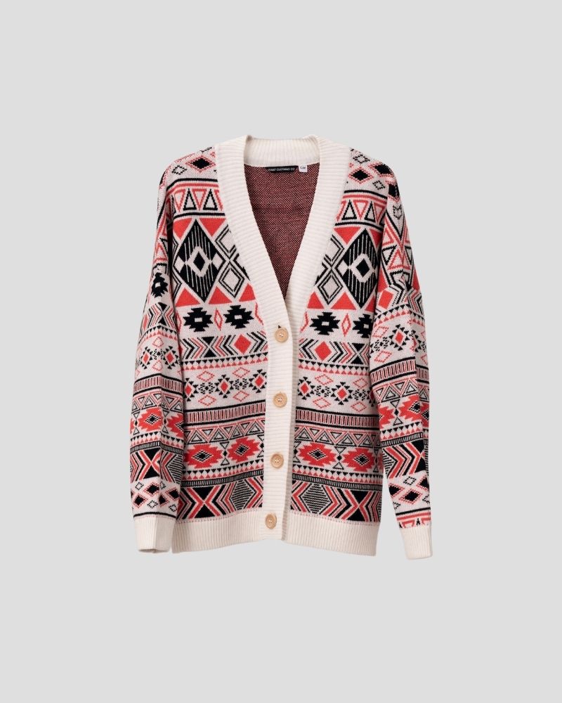 tribal-geometric-cardigan-back-avant-cashmere Geometric pattern wool blend cardigan for women - back view | Avant Cashmere
