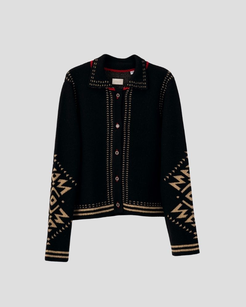 aztec-black-cardigan-back-avant-cashmere Aztec pattern wool blend cardigan for women - back view | Avant Cashmere